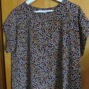 & Layered Top Black Orange Floral Pattern Abstract Print Short Sleeve Shirt